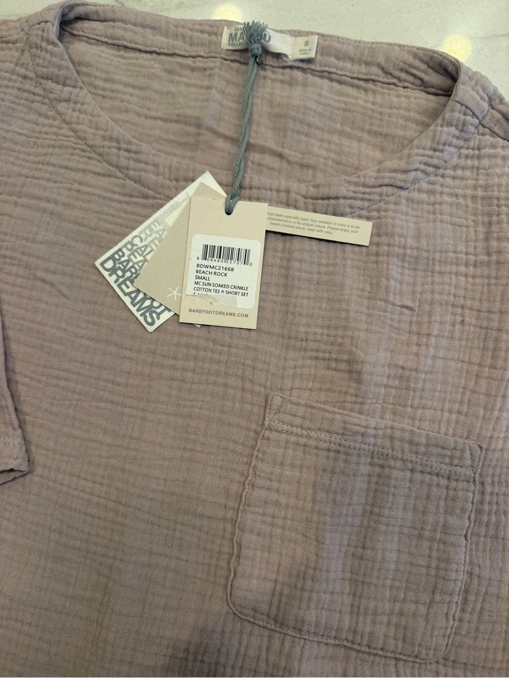 Barefoot Dreams Mauve 100% Cotton Crinkle Tee & Short Set-NWT - Picture 4 of 14